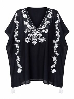 Rhea Costa Black Tunic with White Floral Embroidery